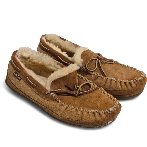 LL Bean Wicked Good Moccasin Slippers Mens Sz 8M Brown Tan Suede Shearling Lined - Picture 2 of 6